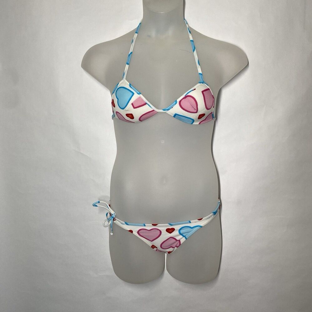 AGUA DOCE Brazilian 2-pc Bikini Size M Hearts White Red Stretch Cheeky